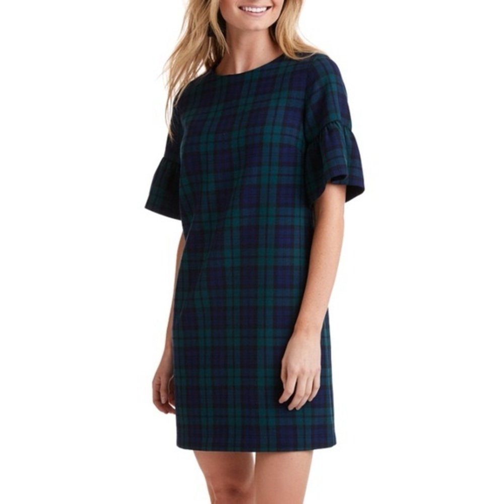 Vineyard Vines Blackwatch Flutter Sleeve Navy Green Plaid Shift Dress Size 6